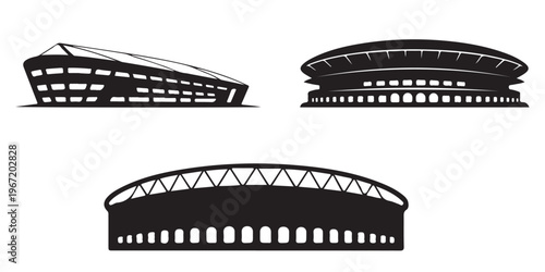 Stadium silhouette icon collection with various arena and sports venue designs