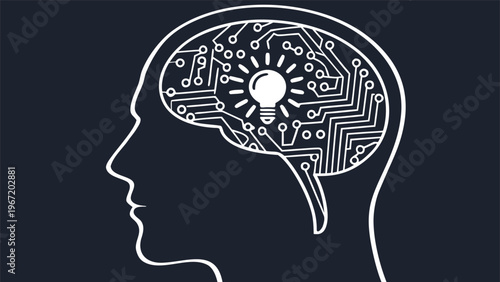 Human head silhouette with brain and gears representing thinking and ideas