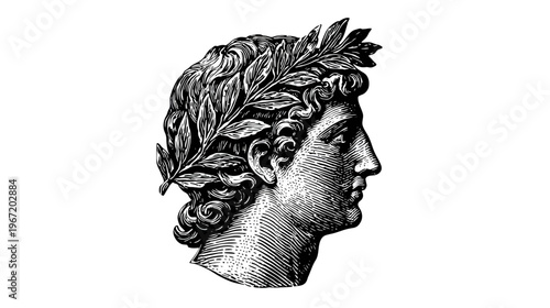Classical bust profile in black and white with laurel wreath on white