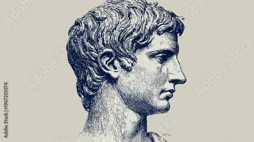 Profile portrait of a sculpted bust in classical style on a neutral background