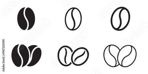 Coffee bean silhouette and outline icon collection isolated on white background for cafe branding beverage design and organic food concepts in minimal vector style