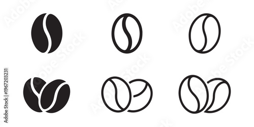 Coffee bean silhouette and outline icon collection isolated on white background for cafe branding beverage design and organic food concepts in minimal vector style