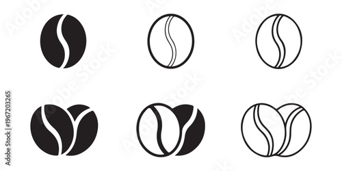 Coffee bean silhouette and outline icon collection isolated on white background for cafe branding beverage design and organic food concepts in minimal vector style