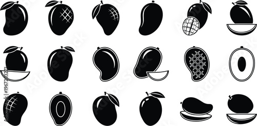 Mango fruit icons collection with whole sliced halves leaves seed cross sections tropical design healthy food vector illustration artwork set