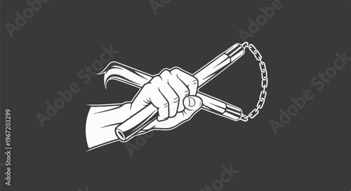 White outline of a hand holding nunchucks on a dark gray background