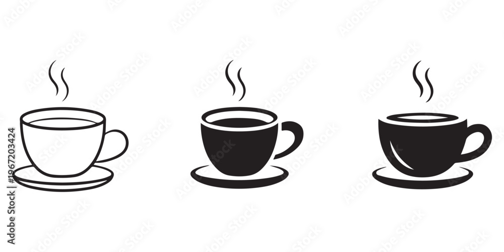 Obraz premium Coffee cup silhouette and outline icon set with steaming beverage cups