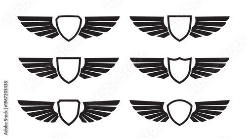 Shields with wings emblem icons in black and white, a collection of six unique designs for branding and identification purposes.