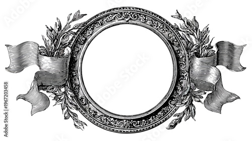 Elegant circular frame with ribbons and foliage for decorative design