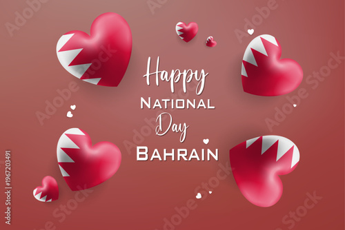 Bahrain National Day celebration graphic with hearts and serrated white stripe emblem on red and white festive background