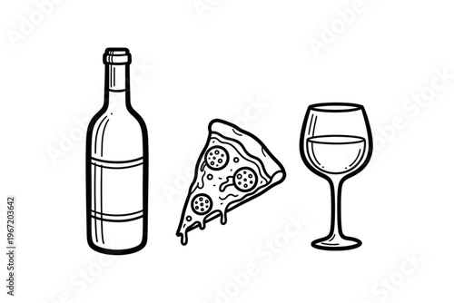 Hand Drawn Wine, Pizza Slice, and Drinking Glass Doodle Icon Set – Minimalist Line Art Vector Illustration, Black Outline Restaurant Food & Beverage Graphics