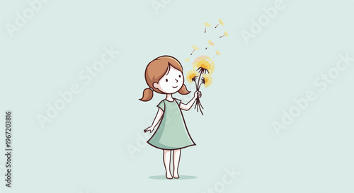 A cartoon girl in a green dress holds dandelions, with seeds flying