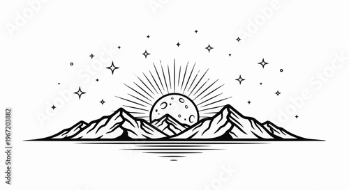 A celestial scene with a sunburst moon rising over mountains reflected in water