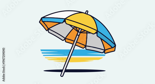 Colorful beach umbrella shading a striped seaside scene