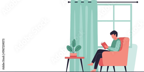 Relaxed man enjoying a peaceful afternoon reading a captivating book by the window, creating a tranquil scene of leisure and comfort at home