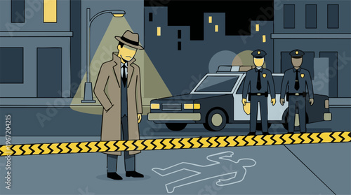 Detective and Police Officers Investigating a Night Crime Scene with Chalk Outline
