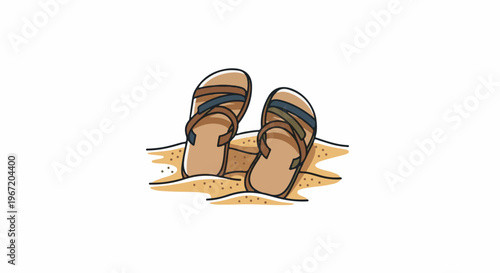 A pair of sandals sinking into sand, indicating a relaxed beach setting