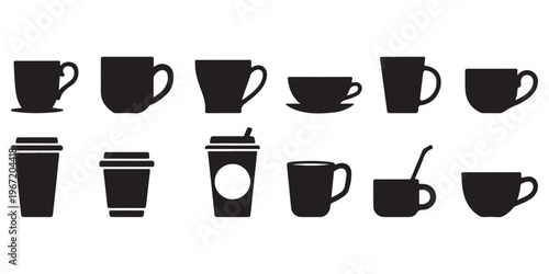 Coffee cup and mug silhouette icon collection with multiple shapes including takeaway cups