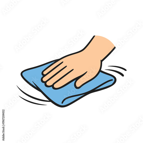 Hand wiping a surface with a blue cloth to clean it, shown in a simple cartoon style icon.