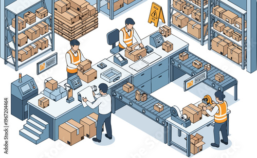 Isometric Warehouse Logistics and Order Fulfillment Center Illustration with Workers Packing Boxes for Shipping