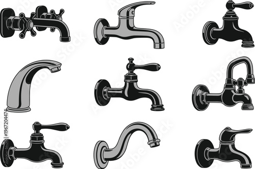 Modern faucet designs collection with traditional cross handles lever handles curved spouts ornate details bathroom kitchen plumbing fixtures vector illustration artwork set