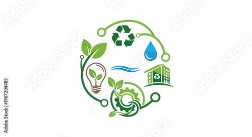 Circular flow of green energy concepts including plants, lightbulb, recycle, water, and building