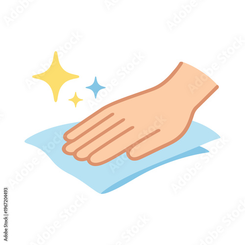 Illustration of a hand wiping a surface with a blue cloth to make it clean and sparkly