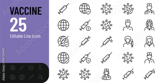 Vaccine editable line icons on transparent background for healthcare and medical concepts