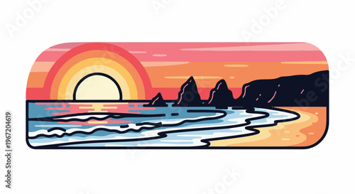 Coastal sunset with fiery sky over calm ocean and rocky shore