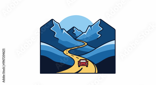 A red car drives on a winding yellow road through blue mountains under a sun