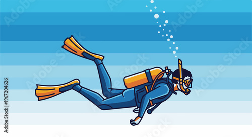 Diver in blue suit with orange fins and tank swims underwater
