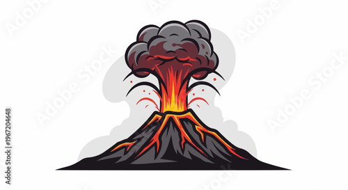 Cartoon volcano erupting with red lava, black smoke, and ash clouds