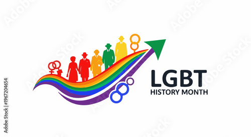 Colorful rainbow wave with silhouetted figures and text