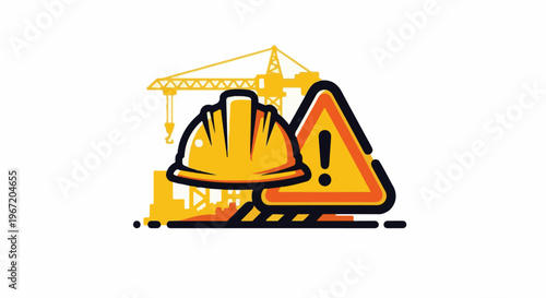 Construction scene with hard hat, crane, and warning sign