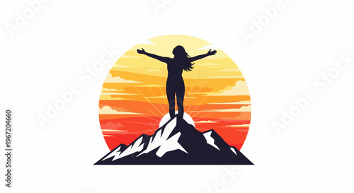 Silhouette of woman with arms outstretched atop a mountain at sunset
