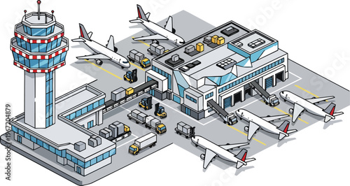 Isometric Airport Terminal and Runway Illustration with Control Tower and Airplanes