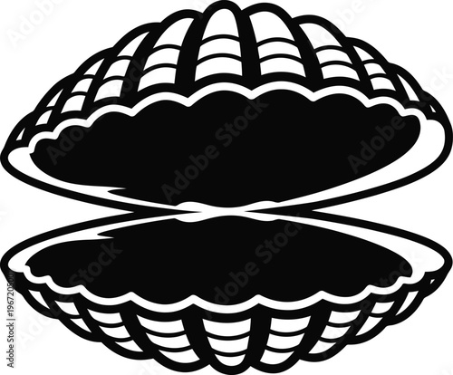 A black and white illustration of a bivalve seashell opened to reveal its empty interior