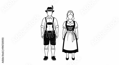 Man in lederhosen and woman in dirndl, white background