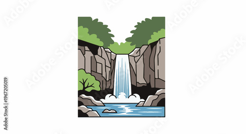 Majestic waterfall plunges into a serene blue pool, framed by rocky cliffs and lush greenery