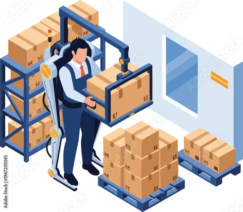 Warehouse Worker Using Robotic Exoskeleton to Lift Heavy Boxes, Isometric Illustration of Future Logistics and Smart Automation Technology