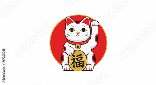 A white beckoning cat with a red collar and a golden coin with Japanese symbols
