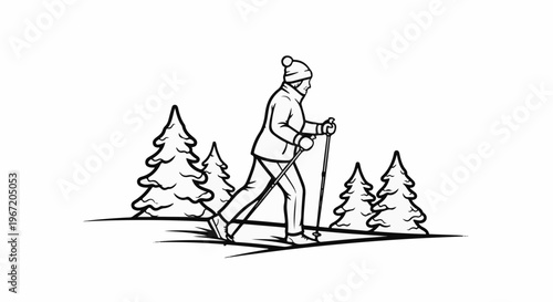 Person cross-country skiing through a snowy forest with evergreen trees