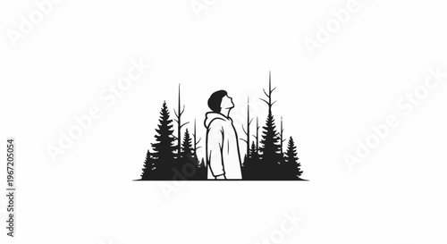 Person in hooded jacket stands amidst silhouetted evergreen trees and bare branches