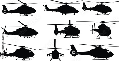 Silhouette illustration of helicopters in grid, aviation aircraft icons, rotor designs, transport vehicle shapes, military aviation, flight collection