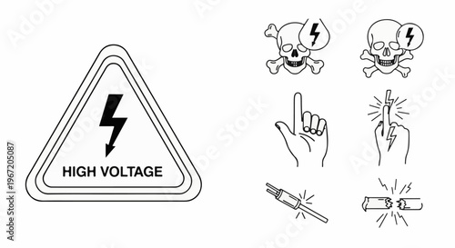 Electrical hazard warning symbols including a lightning bolt, skull and crossbones, and fingers
