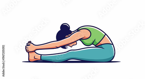 Person in green top and blue leggings performs seated forward bend yoga pose