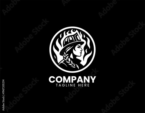 Female firefighter silhouette with flames black vector logo illustration isolated on white background