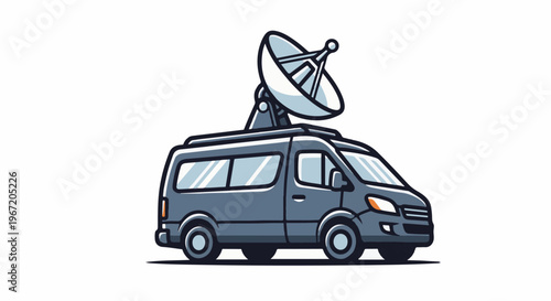 Gray broadcast van with satellite dish on roof