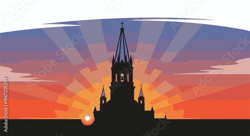 Gothic tower silhouetted against a dramatic sunrise with radiating light beams
