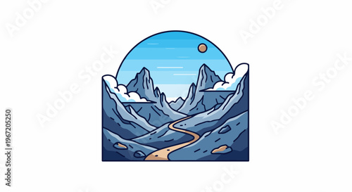 Pixel art landscape with winding path through mountains under a semicircular sky