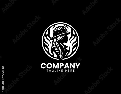 Female firefighter silhouette with flames black vector logo illustration isolated on white background